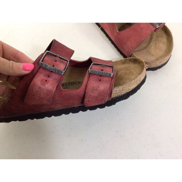 Birkenstock Arizona Sandals Red Leather Birko Flat Slide Womens 42 - Picture 6 of 9